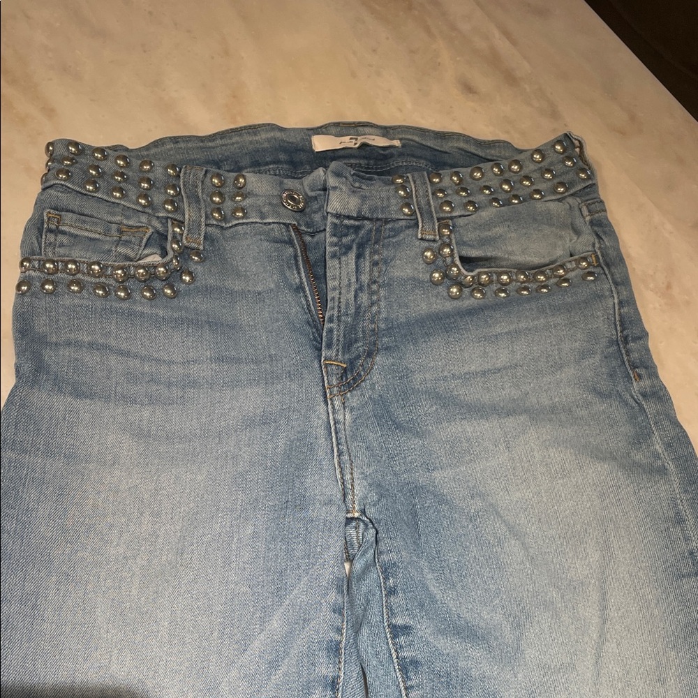 7 For All Mankind Light Blue High Rise Studded Jeans